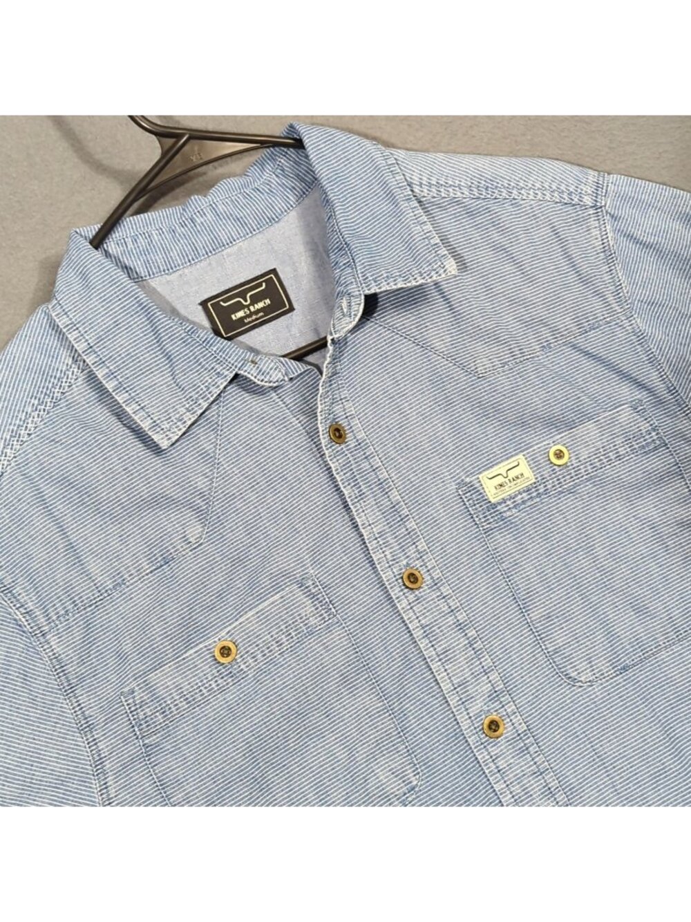 Kimes Ranch Shirt Men's M Blue Striped Shifter Short Sleeve Button Up